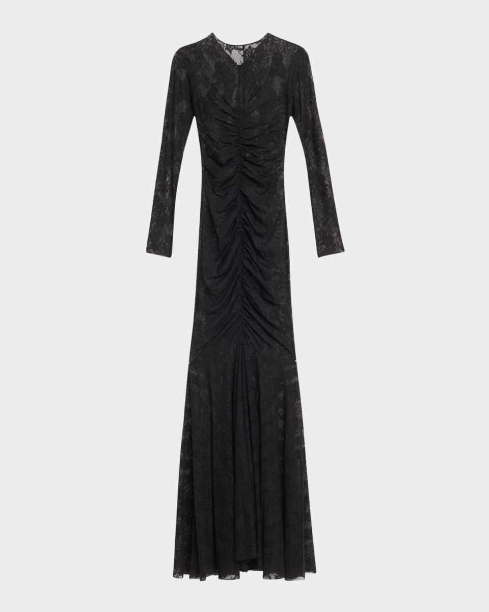 Shirred Floral Lace Fishtail Gown